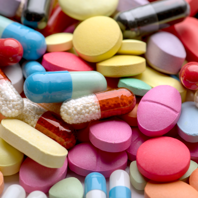 Colorful, mixed pharmaceutical pills